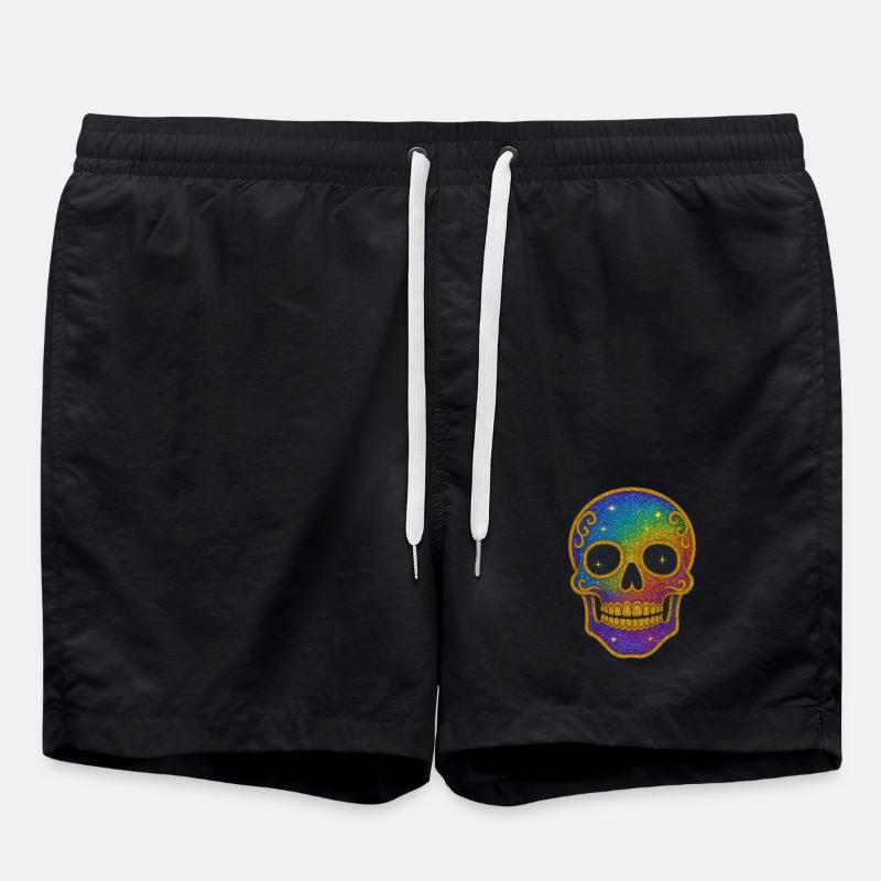 Rainbow Glitter Skull Halloween - Swim Trunks - black