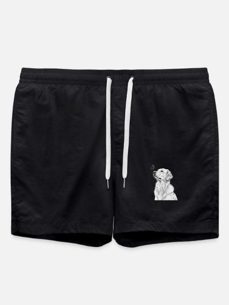Golden Retriever Illustration with Butterfly - Swim Trunks - black