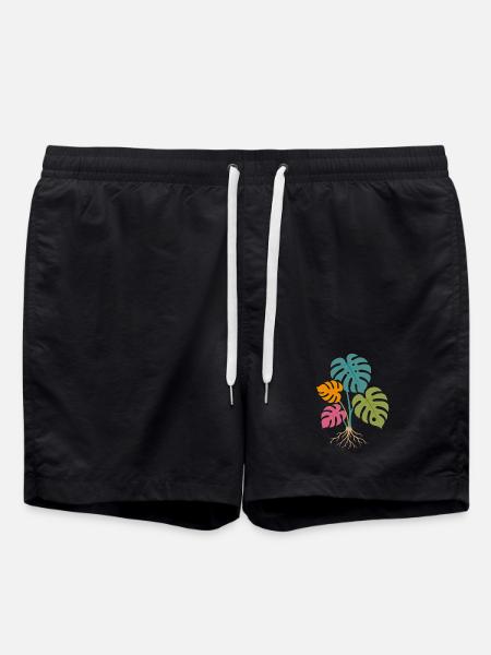 Colorful Monstera Leaves with Roots Tropical - Swim Trunks - black