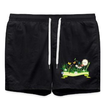 lush spring meadow with flowers and insects - Swim Trunks - black - Front - AI Model Male 185 light (185cm)