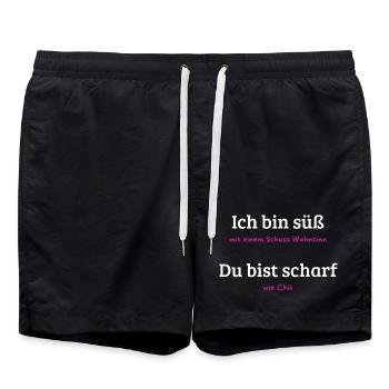 Süß mit Schuss Wahnsinn und Chili - Badeshorts - Schwarz - Vorne - AI Model Male 185 light (185cm)