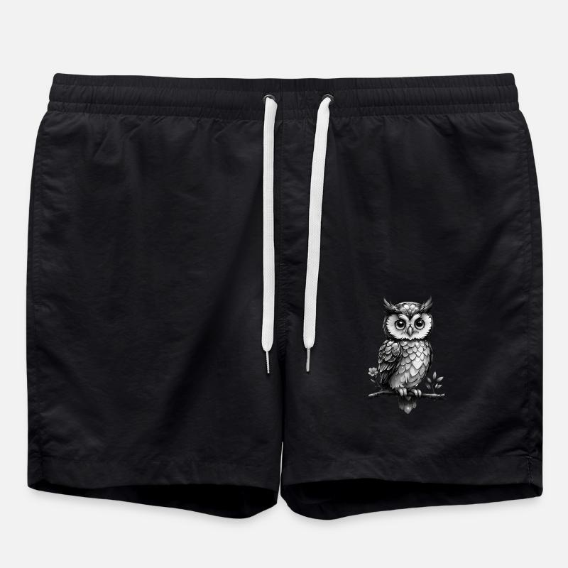 Eule auf einem blühenden Ast - schwarz weiß - Badeshorts - Schwarz