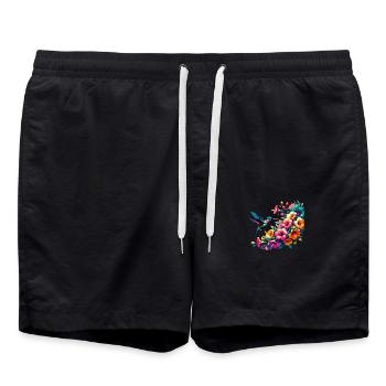 Hummingbird and Hibiscus Blossom Art - Swim Trunks - black - Front - AI Model Male 185 light (185cm)
