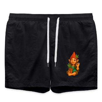 Zwergin im Schneidersitz mit Cannabispflanze - Badeshorts - Schwarz - Vorne - AI Model Male 185 light (185cm)