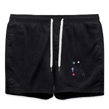 Hand signal with cross, stars and moon - Swim Trunks - black - Front - AI Model Male 185 light (185cm)