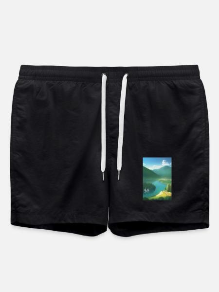 Landscape with lake, boat and mountains - Swim Trunks - black