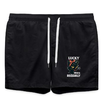 Lucky, Wild & Rockabilly: Schwarze Retro Katze - Badeshorts - Schwarz - Vorne - AI Model Male 185 light (185cm)