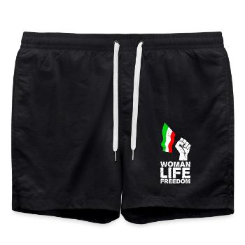 Woman, Life, Freedom | Free Iran! | With flag - Swim Trunks - black - Front - AI Model Male 185 light (185cm)