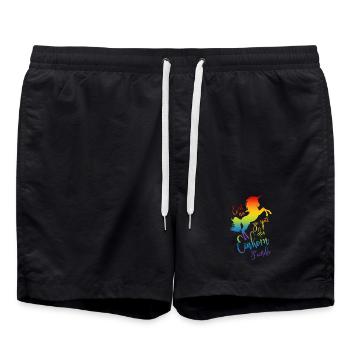 Einhorn satteln Spruch Regenbogen Silhouette bunt - Badeshorts - Schwarz - Vorne - AI Model Male 185 light (185cm)