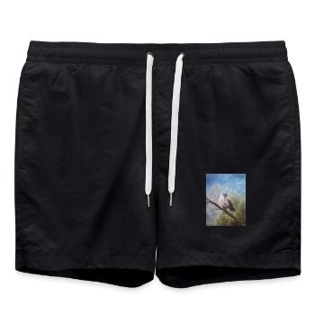 Whimsical Blue-Crested Bird Illustration - Swim Trunks - black - Front - AI Model Male 185 light (185cm)