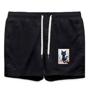 Hellschwarze Katze auf bunten Ast - Badeshorts - Schwarz - Vorne - AI Model Male 185 light (185cm)