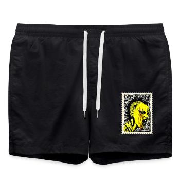 Wild punk woman with mohawk and anger on postage stamp - Swim Trunks - black - Front - AI Model Male 185 light (185cm)