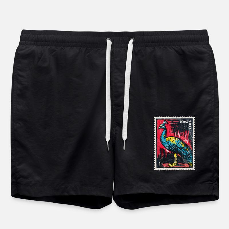 Peacock on stamp – elegant & colourful - Swim Trunks - black