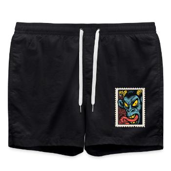 Dämon-Affe mit langer Zunge, eine Comic Briefmarke - Badeshorts - Schwarz - Vorne - AI Model Male 185 light (185cm)