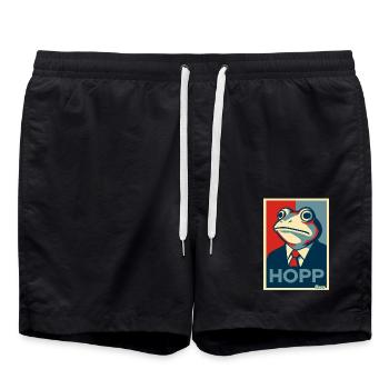 Frog in a suit with saying Hopp parody - Swim Trunks - black - Front - AI Model Male 185 light (185cm)