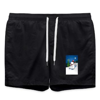 Illustration of a cheerful snowman on skis - Swim Trunks - black - Front - AI Model Male 185 light (185cm)