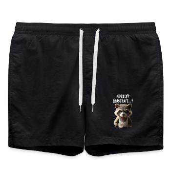 Grumpy raccoon with coffee saying morning grouch - Swim Trunks - black - Front - AI Model Male 185 light (185cm)