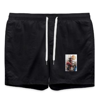 Zen Sun Watercolor Pagoda - Swim Trunks - black - Front - AI Model Male 185 light (185cm)