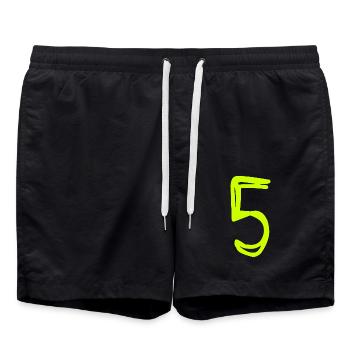 5 YEARS. 5TH ANNIVERSARY. BIRTHDAY 5 YEARS. FIVE - Swim Trunks - black - Front - AI Model Male 185 light (185cm)