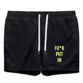 Provocative neon text graphics - Swim Trunks - black - Front - AI Model Male 185 light (185cm)