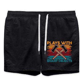 Axe Throwing plays with sharp objects funny saying - Swim Trunks - black - Front - AI Model Male 185 light (185cm)