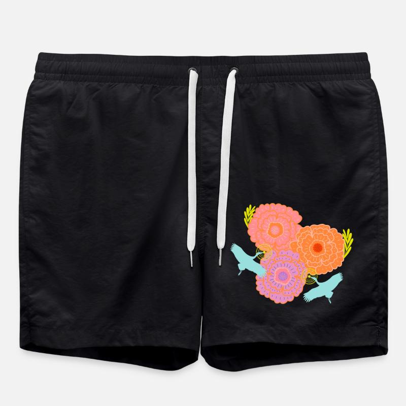 Pfingstrose und Kräne - Badeshorts - Schwarz