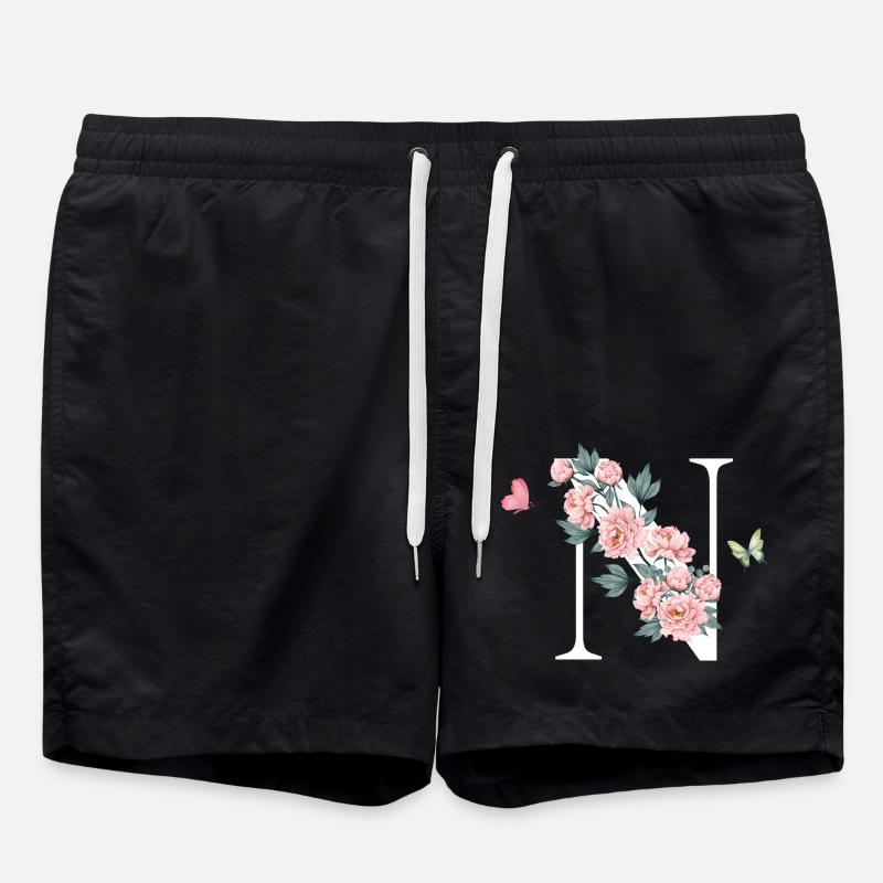 Letter n pink flowers - Swim Trunks - black