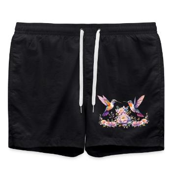Kolibri und Blüten Aquarell - Badeshorts - Schwarz - Vorne - AI Model Male 185 light (185cm)
