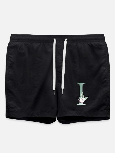 I Monogram, Floral, Personalizable - Swim Trunks - black