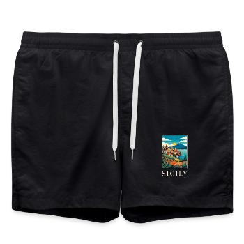 Sicilian Coastal Vista in Bold Colour Italy Travel - Swim Trunks - black - Front - AI Model Male 185 light (185cm)