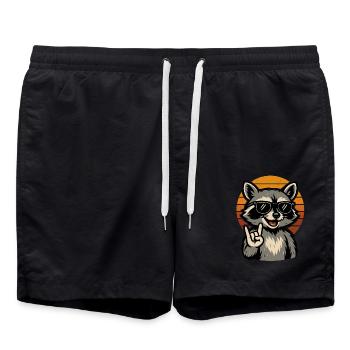 Lustiges Waschbär Rock Retro Musik Motiv - Badeshorts - Schwarz - Vorne - AI Model Male 185 light (185cm)