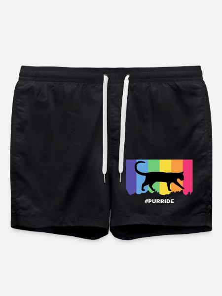 Purride cat silhouette over rainbow stripes - Swim Trunks - black