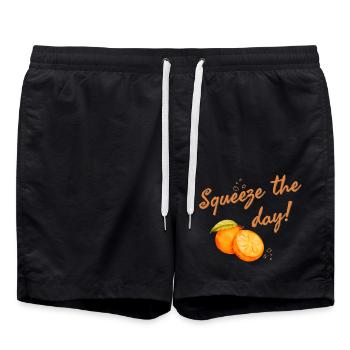 Squeeze the day Orange Fruit Motivation Saying - Swim Trunks - black - Front - AI Model Male 185 light (185cm)