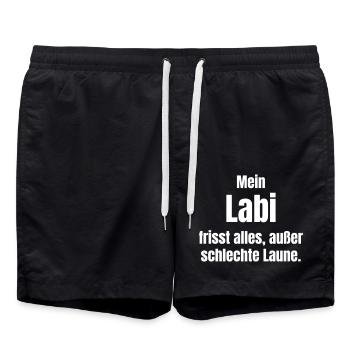 Mein Labi frisst alles, außer schlechte Laune. - Badeshorts - Schwarz - Vorne - AI Model Male 185 light (185cm)