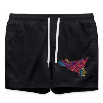Sicily t-shirt map word cloud trinacria - Swim Trunks - black - Front - AI Model Male 185 light (185cm)