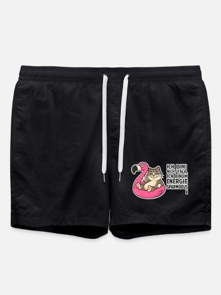 Cat on Flamingo: Power Saving Mode - Swim Trunks - black