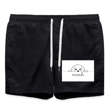 little puppy looks at Noah. - Swim Trunks - black - Front - AI Model Male 185 light (185cm)