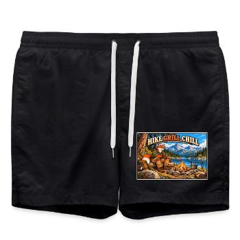 Wandern, grillen, entspannen – Campfire Fox - Badeshorts - Schwarz - Vorne - AI Model Male 185 light (185cm)