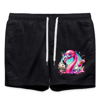 Pinker Flamingo mit Sonnenbrille und Cocktail - Badeshorts - Schwarz - Vorne - AI Model Male 185 light (185cm)