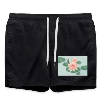 Fleurs de nénuphars avec bourgeon dans l’étang de nénuphars - Short de bain - noir - Devant - AI Model Male 185 light (185cm)