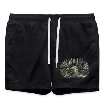 living close to nature with a tiny house in the forest - Swim Trunks - black - Front - AI Model Male 185 light (185cm)
