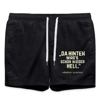 Festival T-Shirt Spruch Da hinten wird's hell - Badeshorts - Schwarz - Vorne - AI Model Male 185 light (185cm)