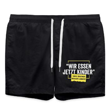 Wir essen jetzt Kinder – Satzzeichen retten Leben  - Badeshorts - Schwarz - Vorne - AI Model Male 185 light (185cm)