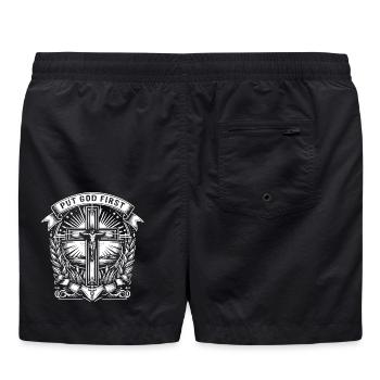 PUT GOD FIRST in Banderole Jesus Kreuz - Badeshorts - Schwarz - Hinten - AI Model Male 185 light (185cm)
