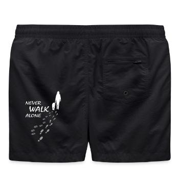 Never walk alone - Hund Frauchen Gassi, Backprint - Badeshorts - Schwarz - Hinten