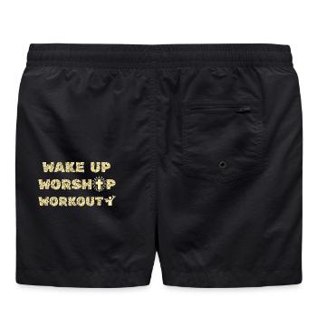 Weck auf, Gottesdienst-Workout, Motivation im christlichen Fitnessstudio - Badeshorts - Schwarz - Hinten