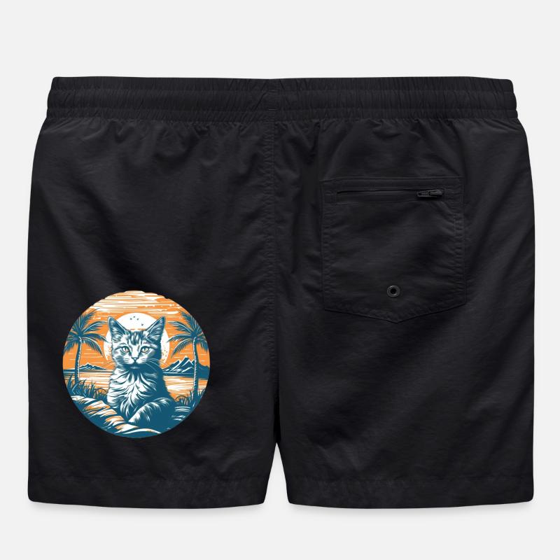 Tropical Cat Magic at Sunset - Swim Trunks - black