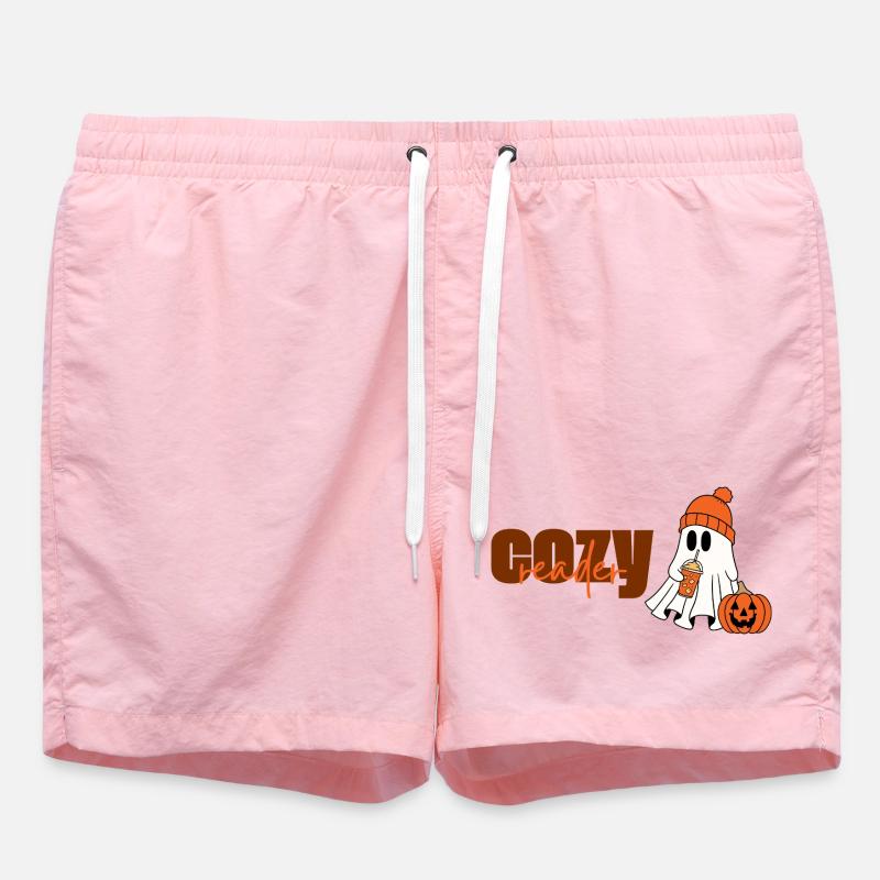 Cozy Reader Halloween Ghost with Pumpkin and Hat - Swim Trunks - pink