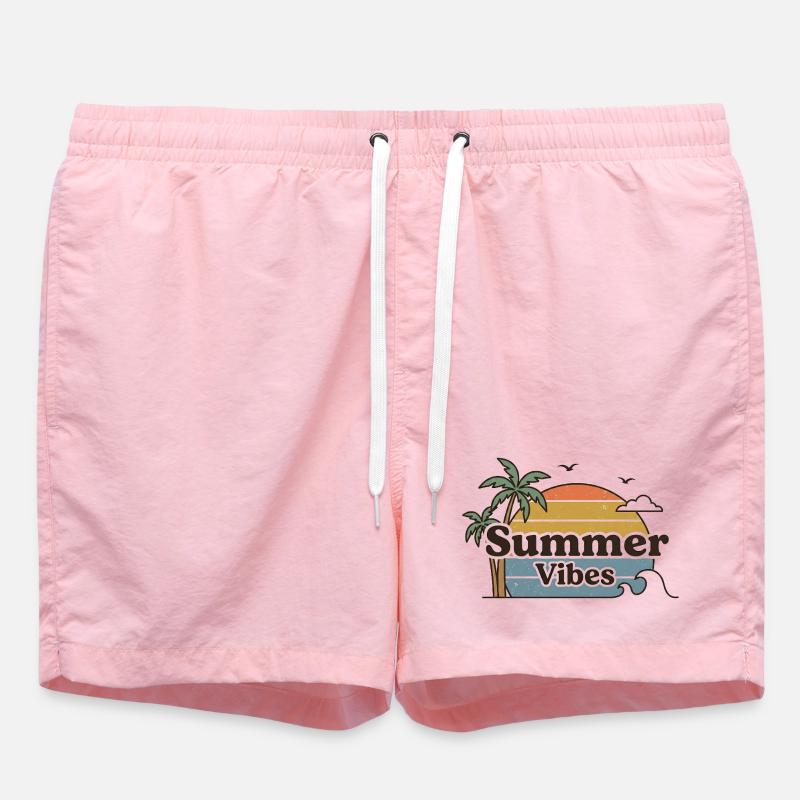 Summer Vibes Retro Sunset Beach Scene - Swim Trunks - pink