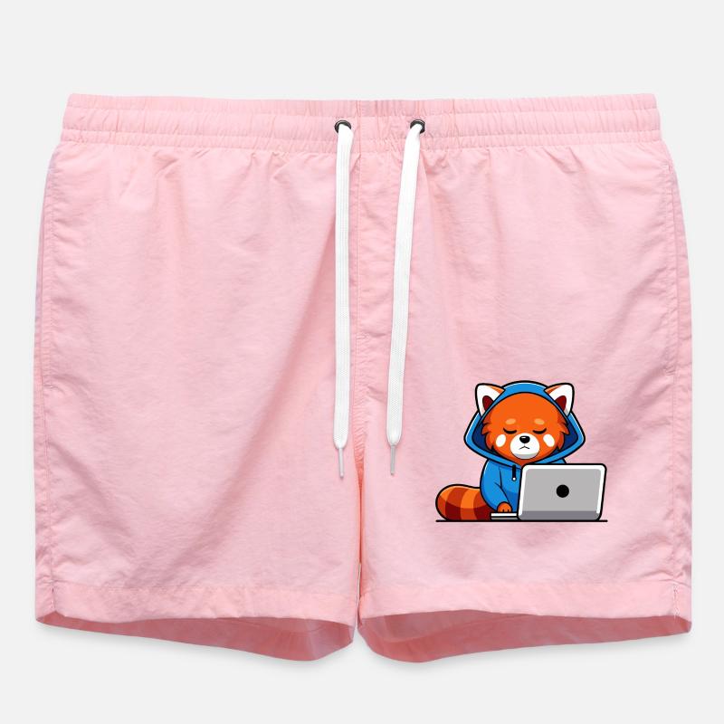 Mignon hacker panda roux en sweat à capuche devant PC - Short de bain - rose